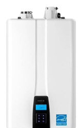 A white, wall-mounted tankless water heater with a digital display and Energy Star label.