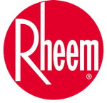 The Rheem company logo featuring white text on a solid red circular background.