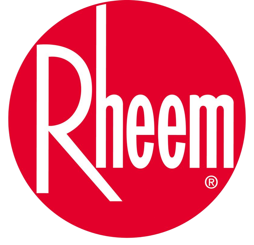 The Rheem company logo featuring white text on a solid red circular background.