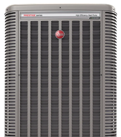 Gray Rheem Prestige series central air conditioning unit with a front metal grille and a red circular logo.