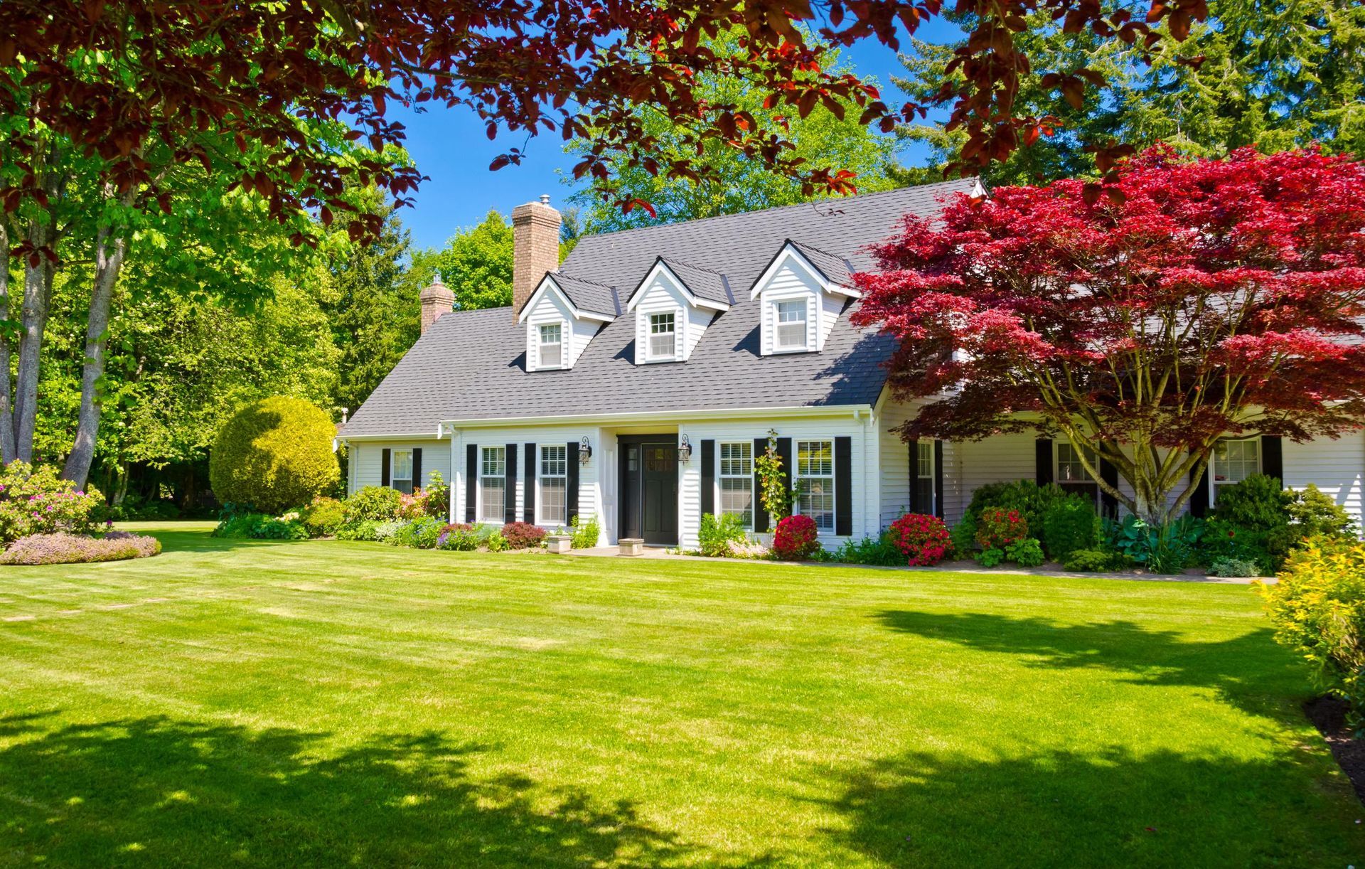 a large white house with a lush green lawn and trees in front of it