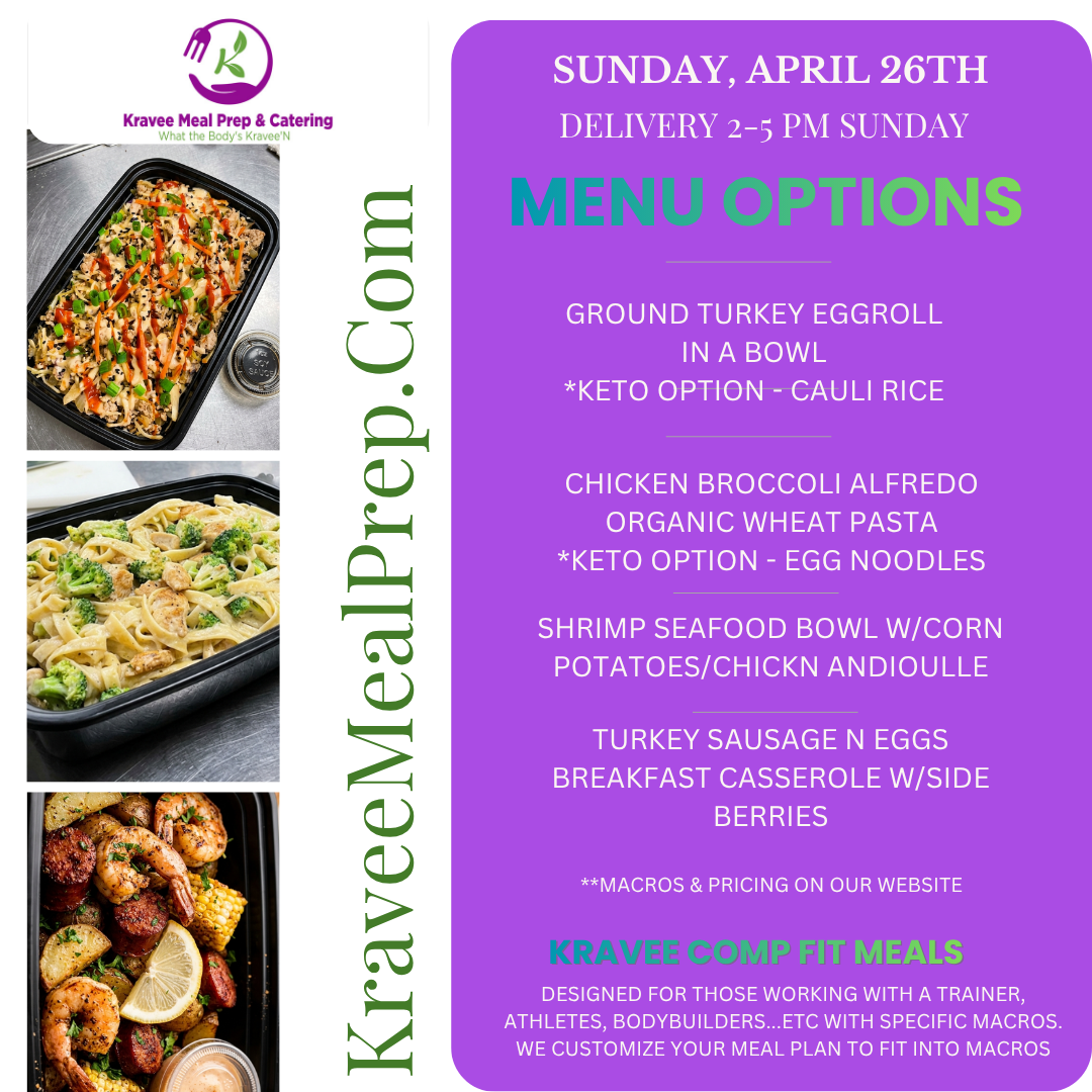 Promotional poster for Kravee Meal Prep: New menu launch on March 2nd. Features prepared meals, logo, and website address.