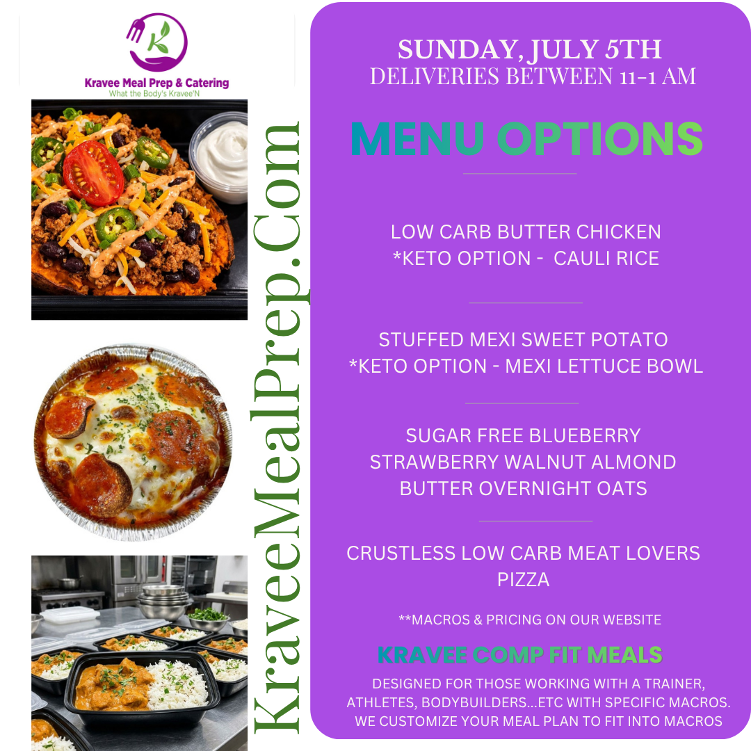 Promotional poster for Kravee Meal Prep: New menu launch on March 2nd. Features prepared meals, logo, and website address.