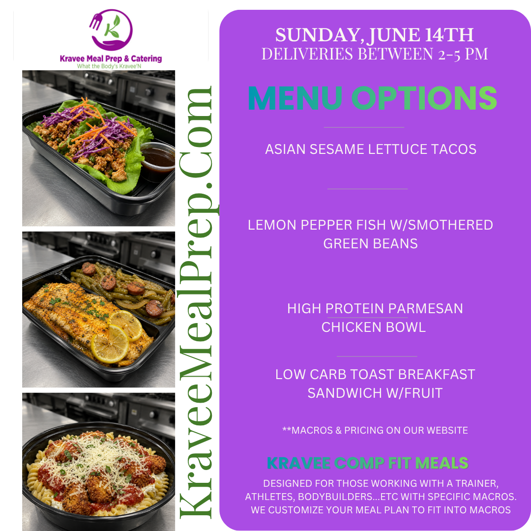 Promotional poster for Kravee Meal Prep: New menu launch on March 2nd. Features prepared meals, logo, and website address.