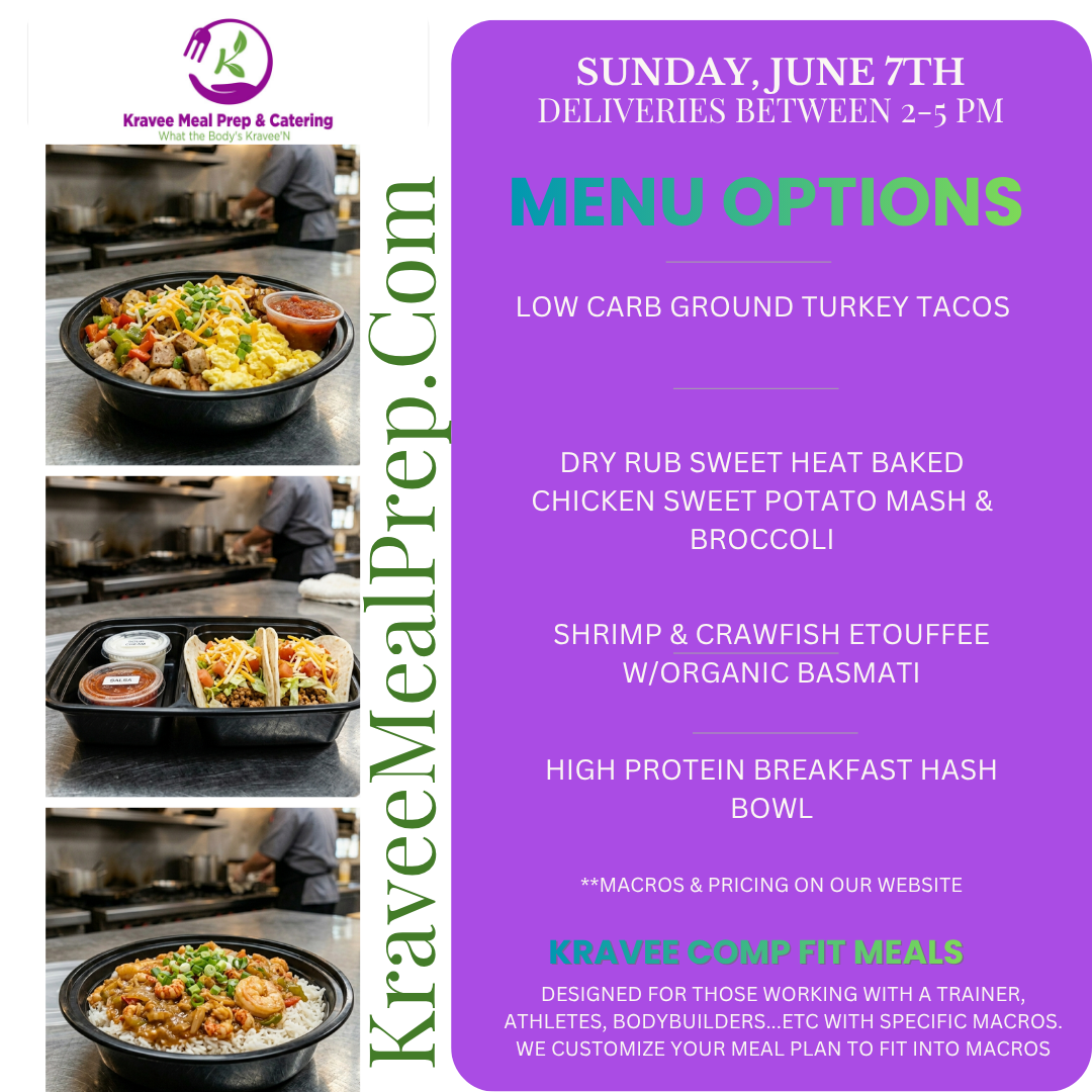Promotional poster for Kravee Meal Prep: New menu launch on March 2nd. Features prepared meals, logo, and website address.