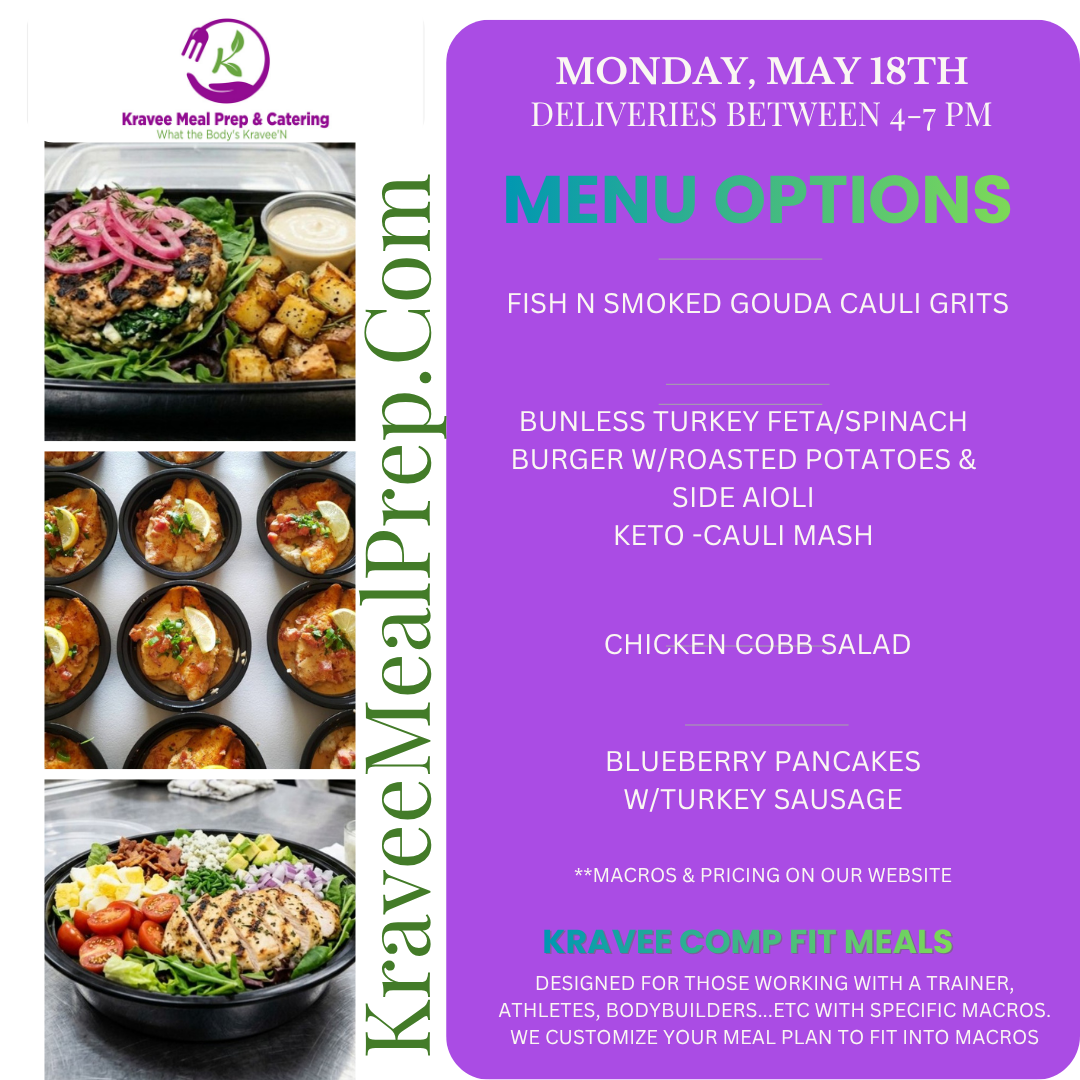 Promotional poster for Kravee Meal Prep: New menu launch on March 2nd. Features prepared meals, logo, and website address.