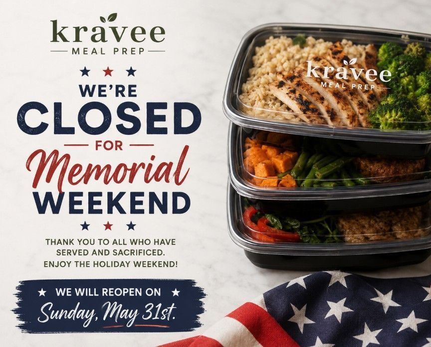 Promotional poster for Kravee Meal Prep: New menu launch on March 2nd. Features prepared meals, logo, and website address.
