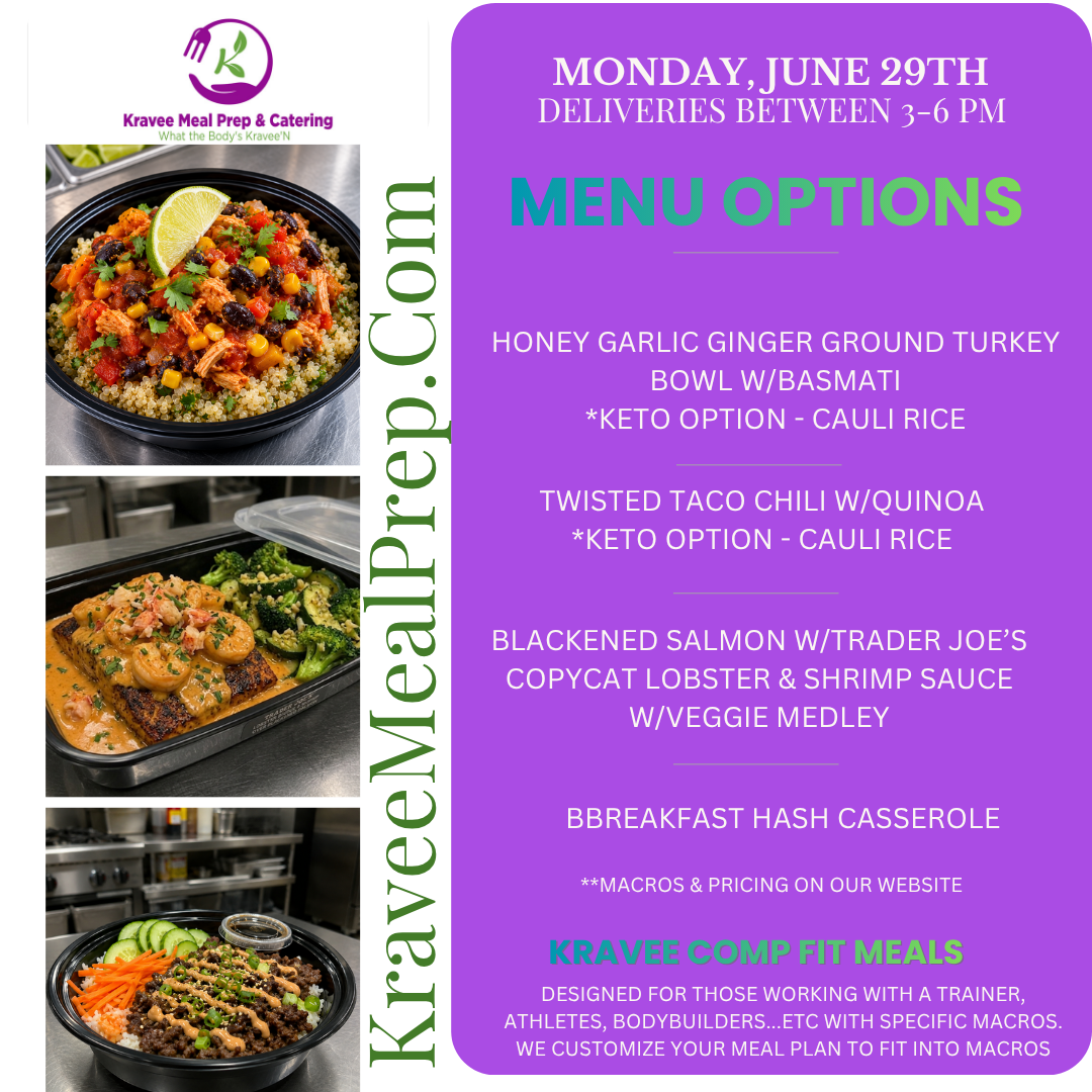 Promotional poster for Kravee Meal Prep: New menu launch on March 2nd. Features prepared meals, logo, and website address.