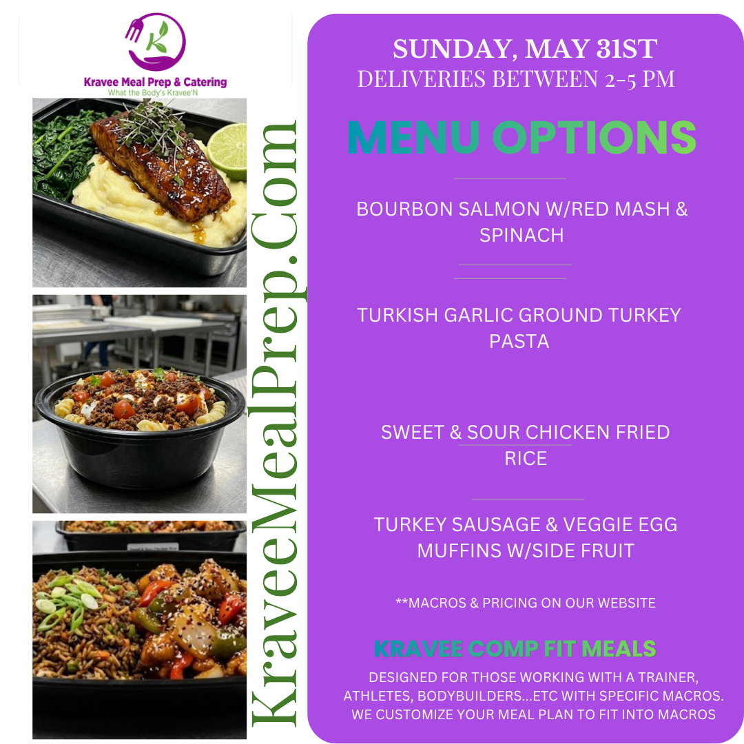 Promotional poster for Kravee Meal Prep: New menu launch on March 2nd. Features prepared meals, logo, and website address.