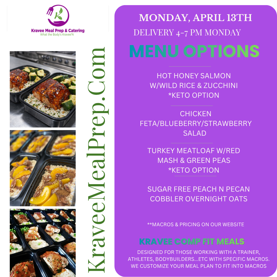 Promotional poster for Kravee Meal Prep: New menu launch on March 2nd. Features prepared meals, logo, and website address.