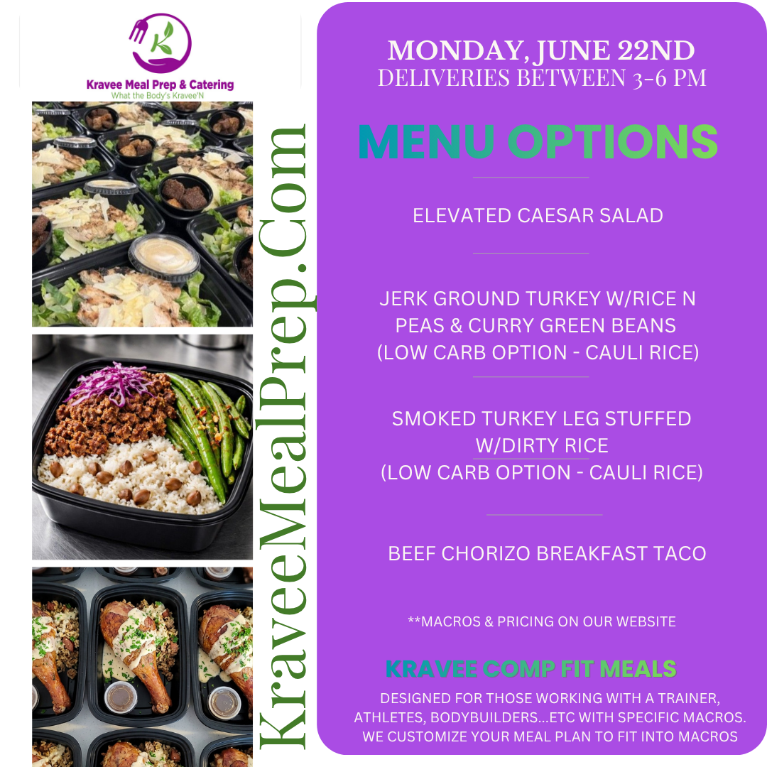 Promotional poster for Kravee Meal Prep: New menu launch on March 2nd. Features prepared meals, logo, and website address.