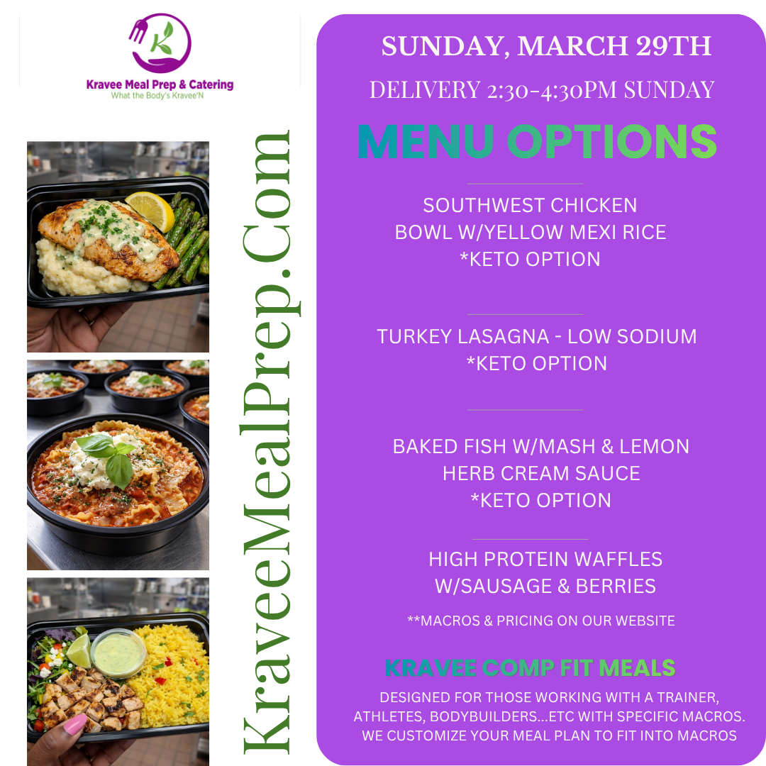Promotional poster for Kravee Meal Prep: New menu launch on March 2nd. Features prepared meals, logo, and website address.