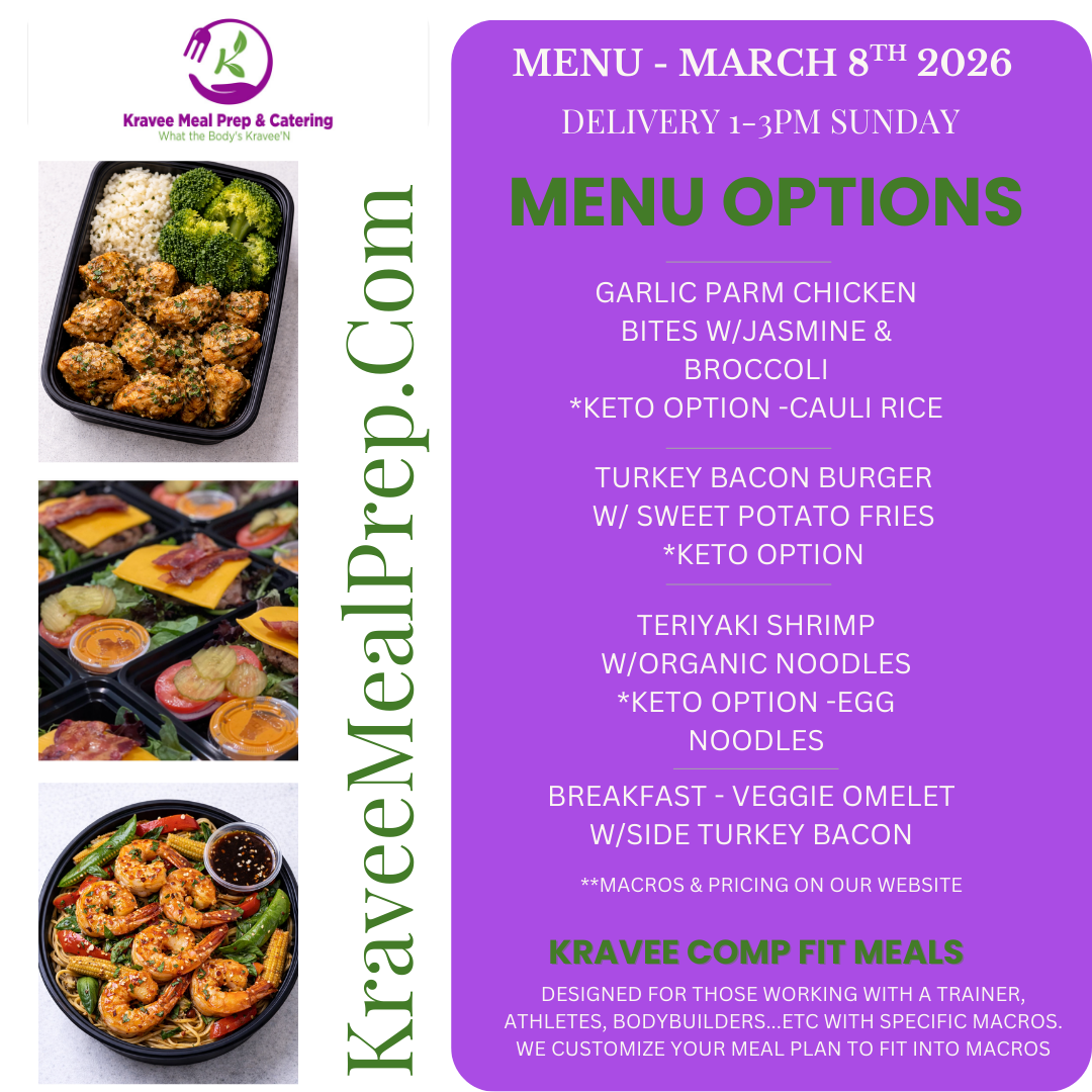 Promotional poster for Kravee Meal Prep: New menu launch on March 2nd. Features prepared meals, logo, and website address.