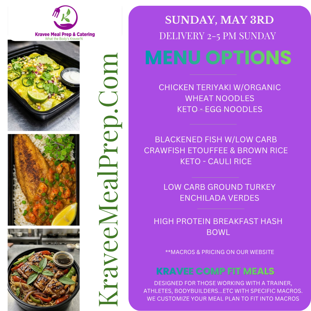 Promotional poster for Kravee Meal Prep: New menu launch on March 2nd. Features prepared meals, logo, and website address.