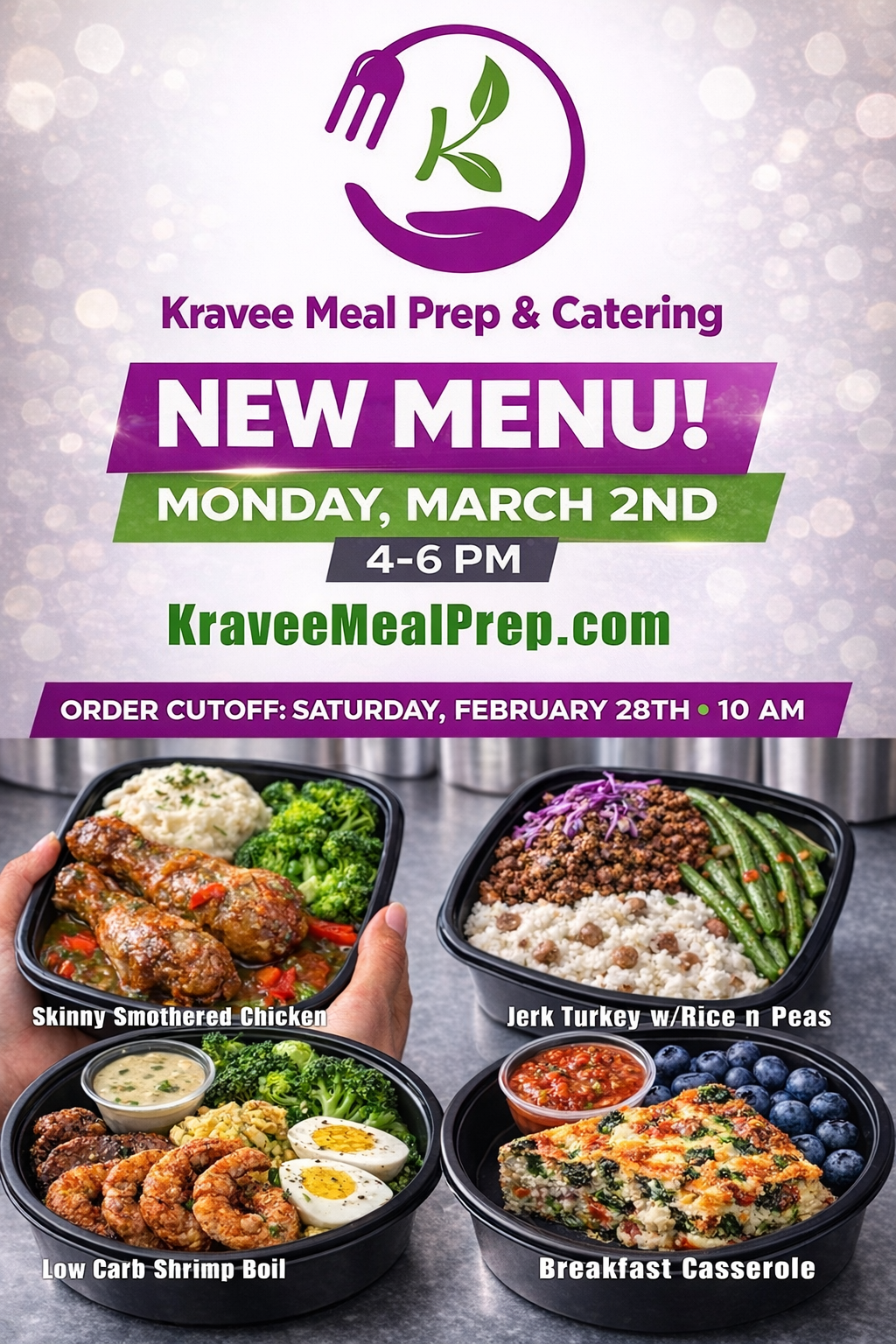 Promotional poster for Kravee Meal Prep: New menu launch on March 2nd. Features prepared meals, logo, and website address.