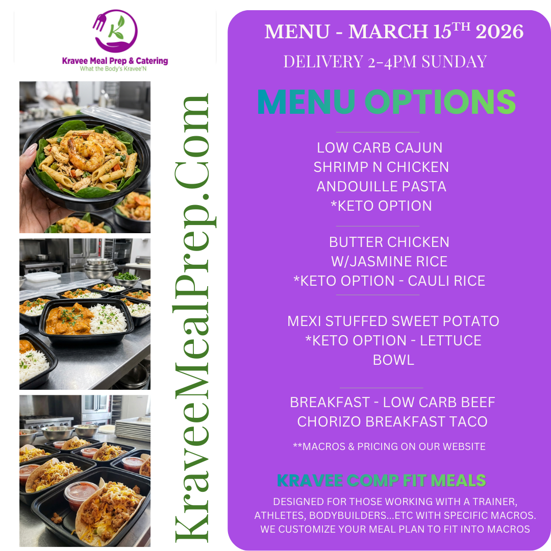 Promotional poster for Kravee Meal Prep: New menu launch on March 2nd. Features prepared meals, logo, and website address.