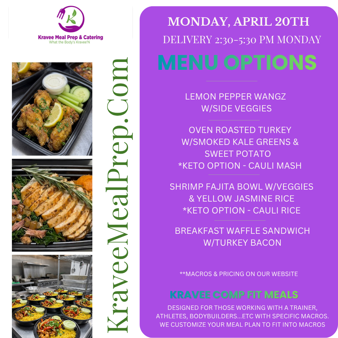 Promotional poster for Kravee Meal Prep: New menu launch on March 2nd. Features prepared meals, logo, and website address.