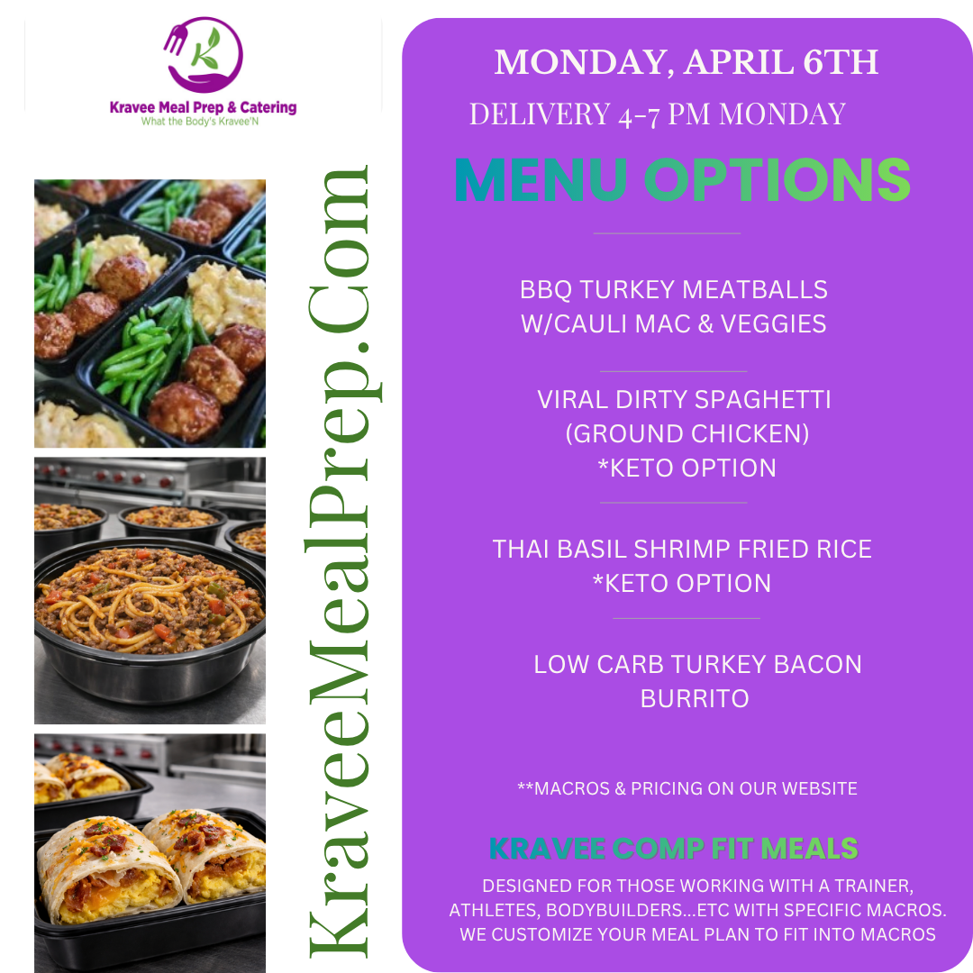 Promotional poster for Kravee Meal Prep: New menu launch on March 2nd. Features prepared meals, logo, and website address.
