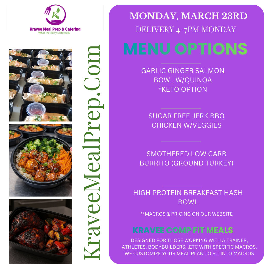 Promotional poster for Kravee Meal Prep: New menu launch on March 2nd. Features prepared meals, logo, and website address.