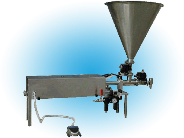 A stainless steel benchtop liquid filling machine.