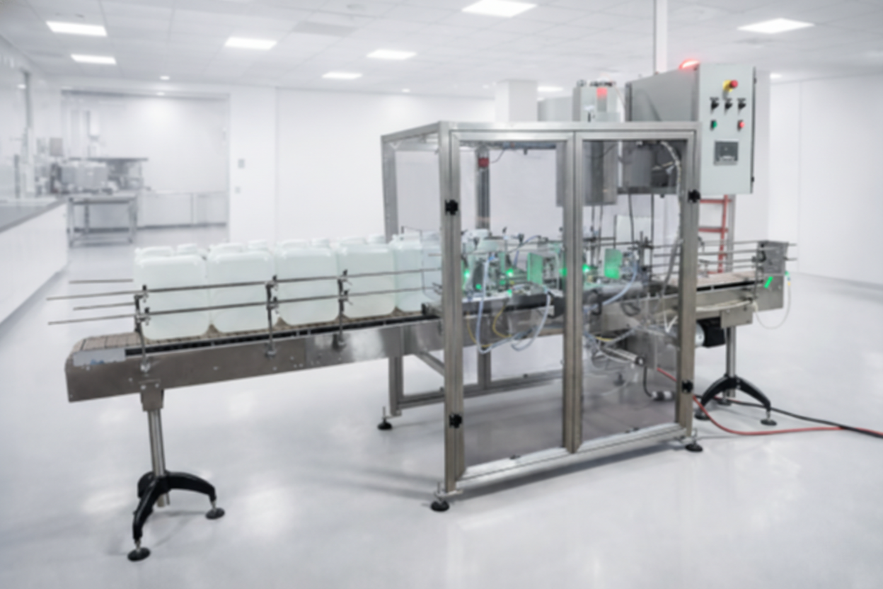 An industrial filling machine with white containers moving along a conveyor belt in a bright, sterile facility.