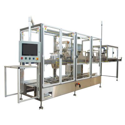 Automated industrial packaging machine with a control screen.