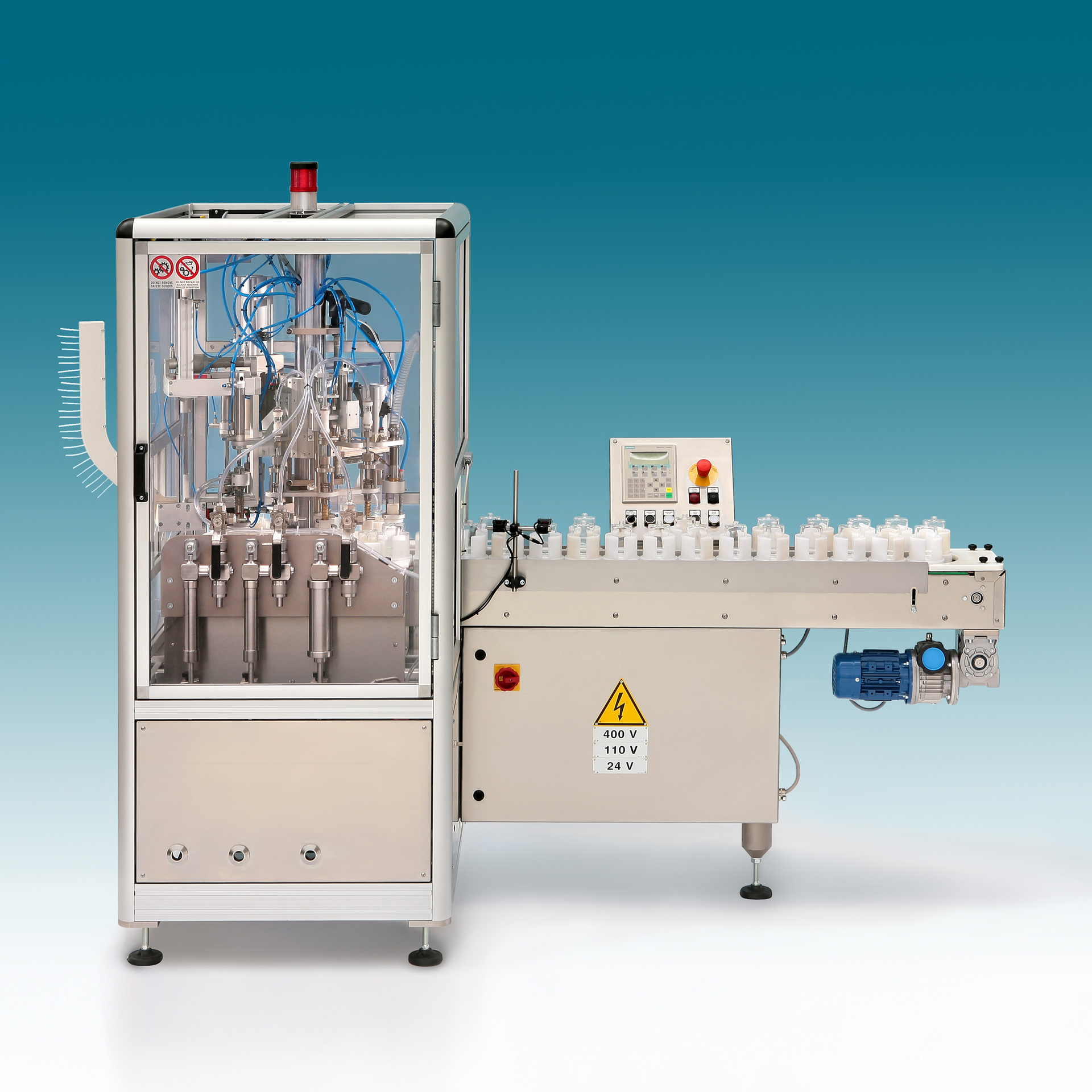 A stainless steel industrial automatic filling machine.