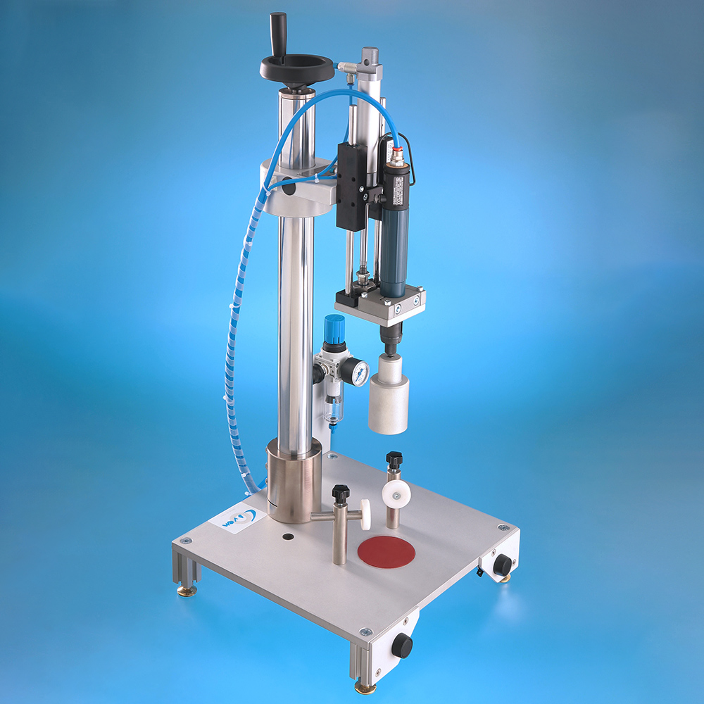 A pneumatic crimping machine on a square metal base with an adjustable vertical pillar.