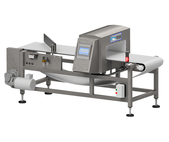 Industrial metal detector system with a conveyor belt and digital control screen on a stainless steel frame.