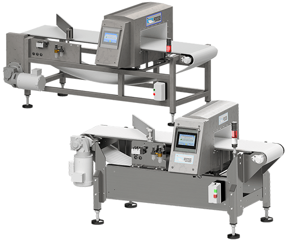 Two industrial metal detector conveyors with stainless steel frames and touchscreens.