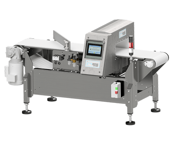 Industrial metal detector and conveyor belt system for food inspection.