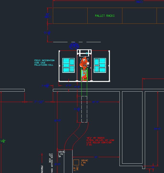 CAD drawing showing a forklift battery charging station with racks.