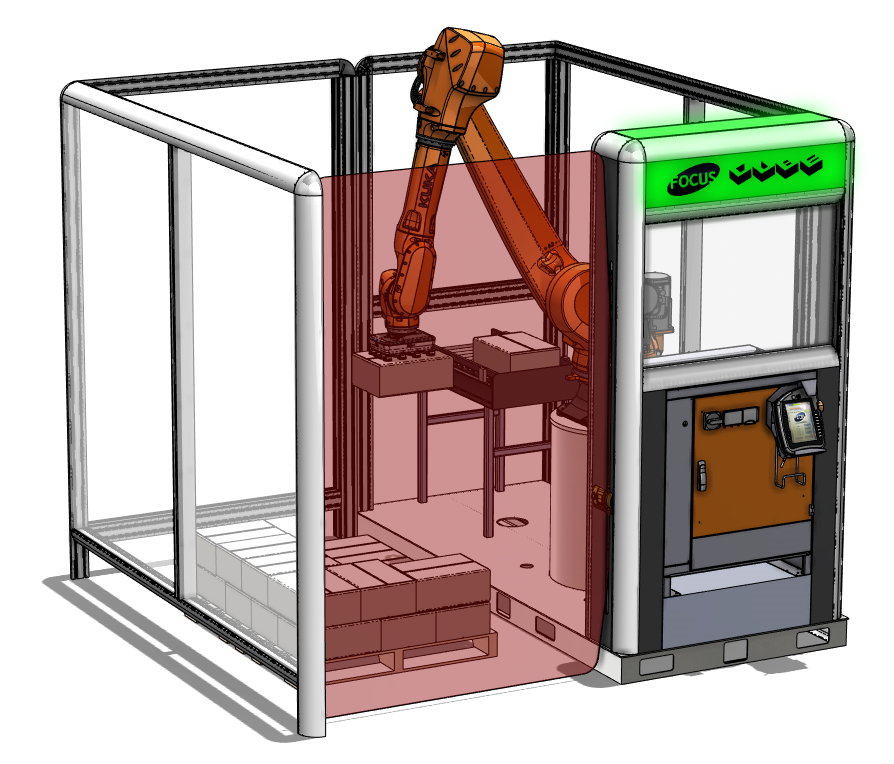 An orange robotic arm palletizing boxes inside a safety-fenced industrial enclosure with a red laser safety zone.