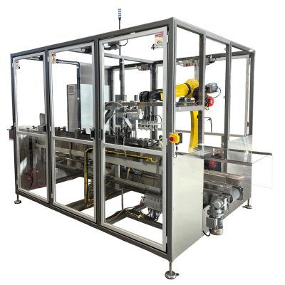 A yellow robotic arm inside a stainless steel and glass safety enclosure for industrial packaging.