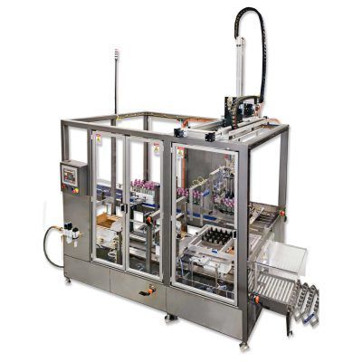 An automated industrial case packer machine with stainless steel framing.