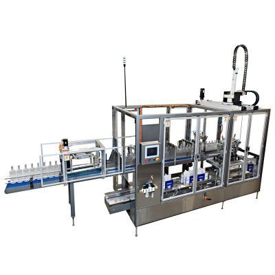 An industrial automated bottle filling machine with a stainless steel frame and conveyor system on a white background.