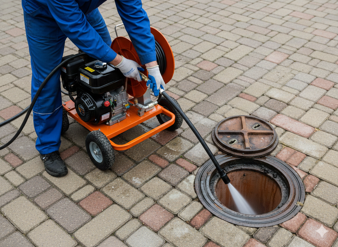 Person using a pressure washer to clean a manhole in a paved area.
