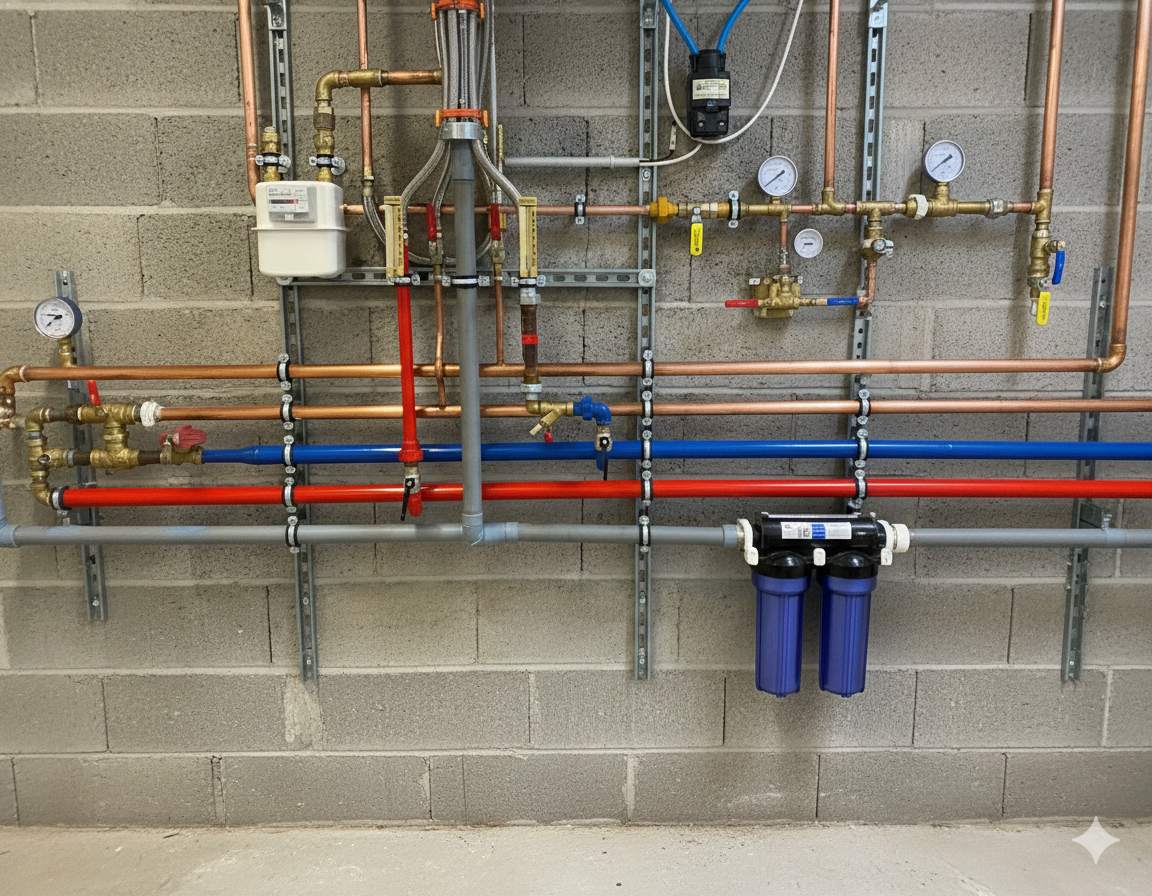 Copper pipes, blue and red tubes, and filters are mounted on a gray cinder block wall.
