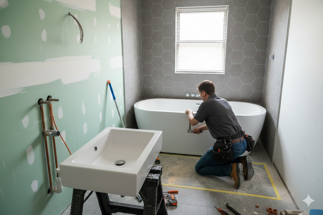 Bathroom renovation: Worker installing a bathtub. Walls are drywall and tile; sink in foreground.