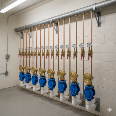 Copper pipes with valves and gauges along a wall, in a mechanical room.