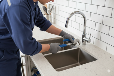 Plumber wearing gloves using a wrench on a kitchen sink faucet, white tile backsplash.