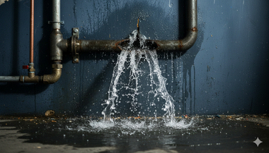 Water gushing from a burst pipe in a dimly lit room, puddling on the floor, and splashing against a dark blue wall.
