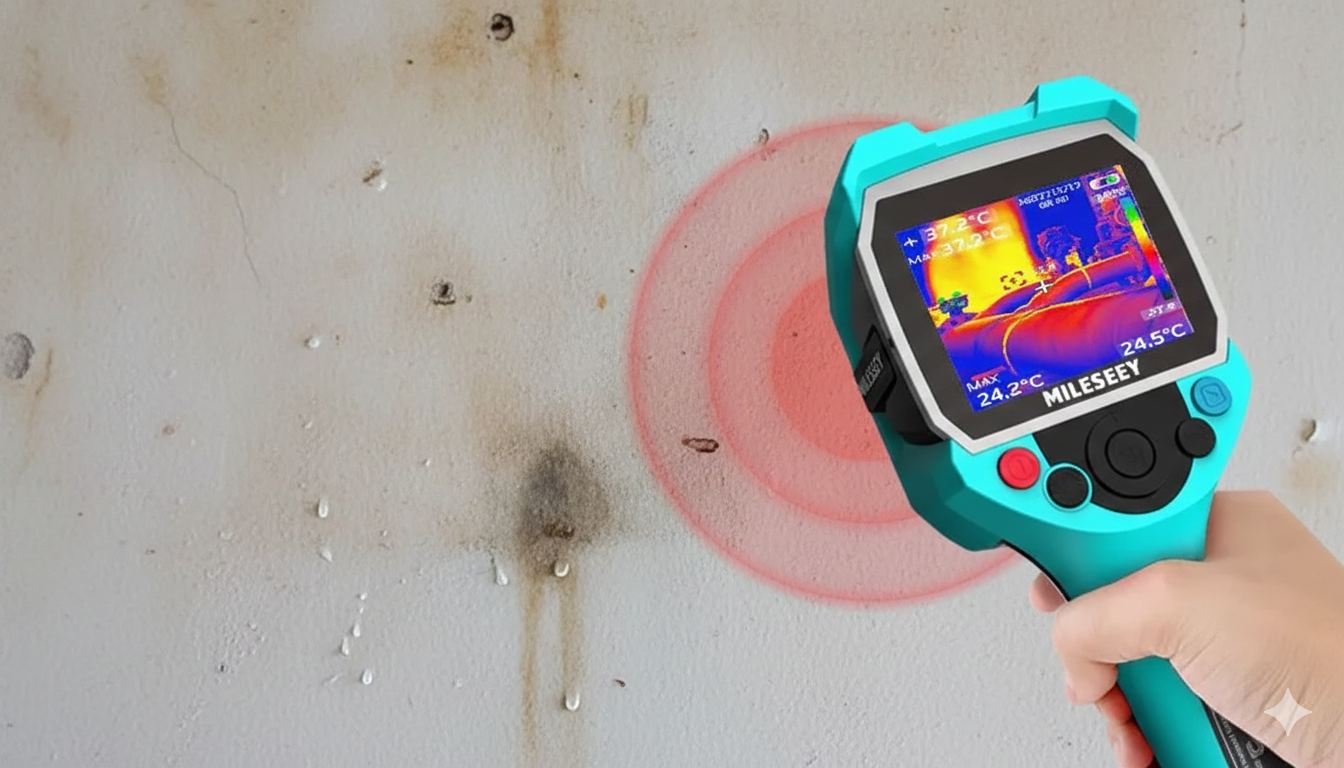 Handheld thermal camera scans a wall, displaying a heat map.
