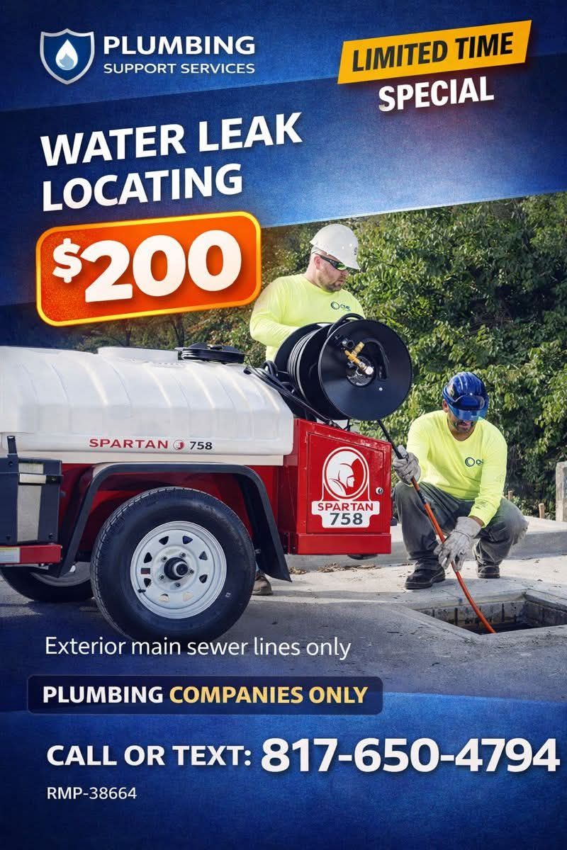 Advertisement for water leak locating service for plumbing companies: $200 special. Technicians working.