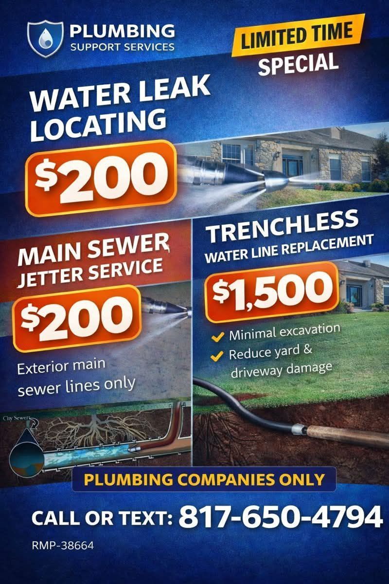 Plumbing services ad offering water leak locating, main sewer jetter, and trenchless water line replacement.