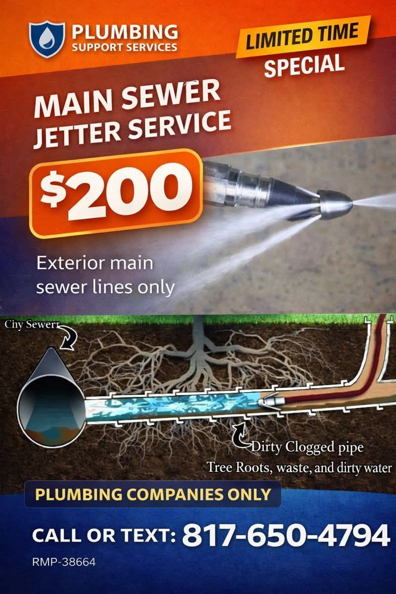 Flyer: Plumbing service special for main sewer jetter service, $200. Text and illustration of a sewer line