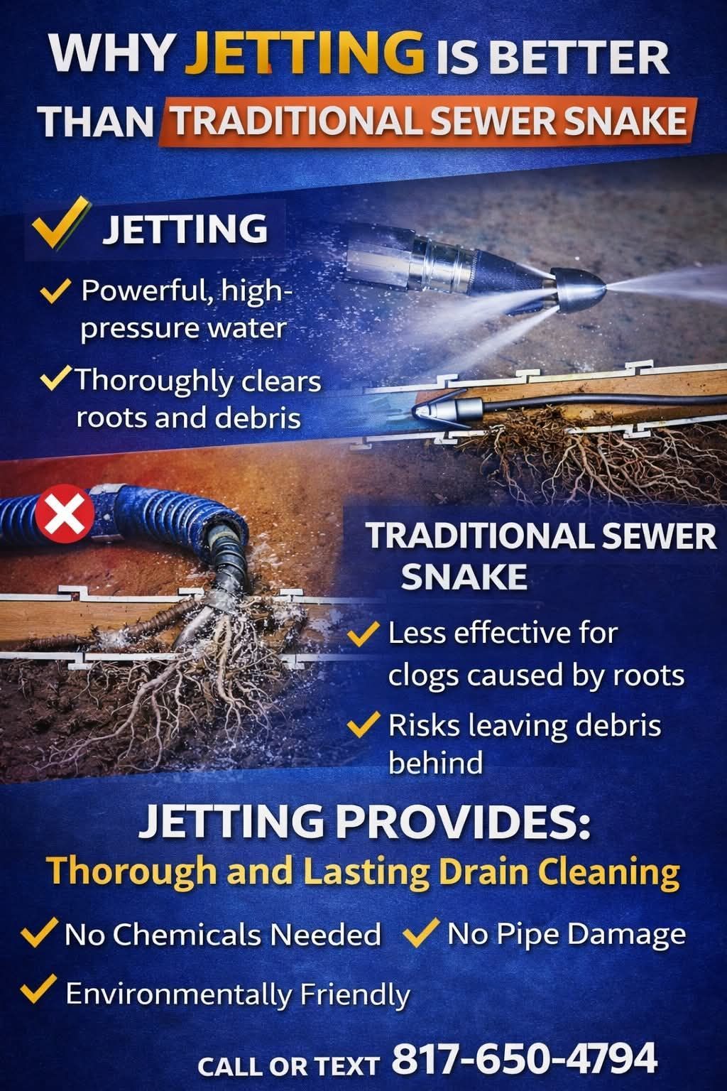 Advertisement comparing sewer jetting and snake methods, with jetting shown to be better, cleaner