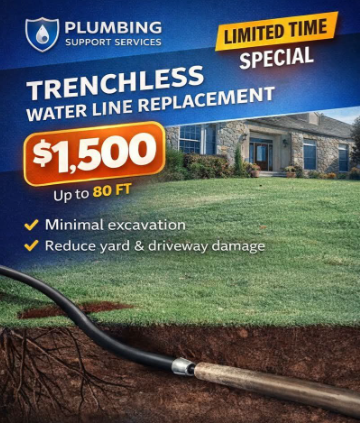 Trench with water pipes, valves, and a large red valve, surrounded by dirt and construction equipment.