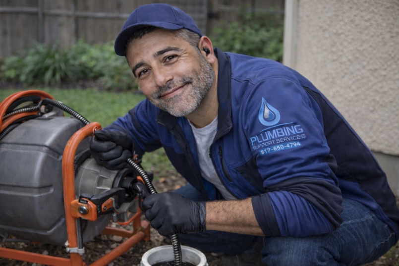 Hands repairing a sink drain under a white sink with chrome pipes.