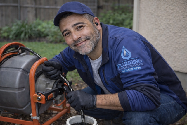 Hands repairing a sink drain under a white sink with chrome pipes.